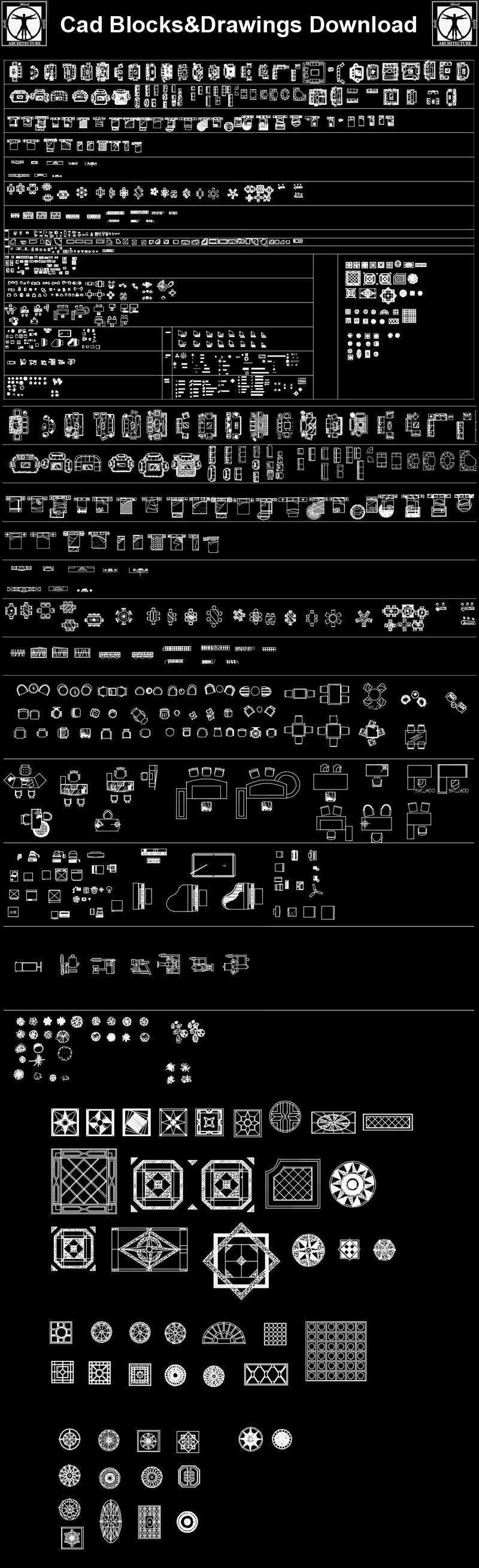 Furniture blocks ,Sofa,Chair,Cabinet,Appliances Library,Doors & Windows design,Lighting Library,CAD Accessories,Plant Symbols,Landscape Design Blocks,Statues,Ceiling Design,Neoclassical Interiors